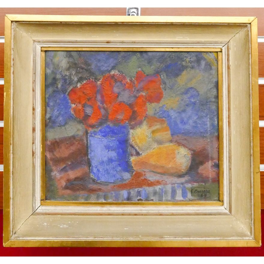 F. Barrera 1964 Floral Still Life Oil Painting Framed- 15x16''
