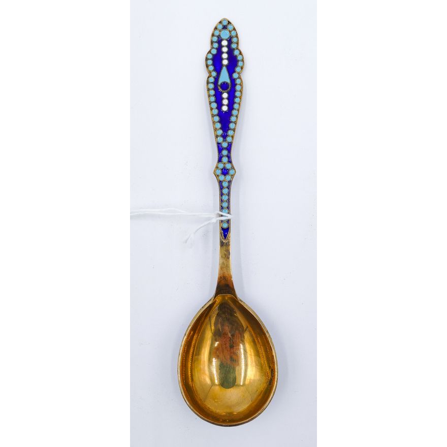 Fine Russian Blue Enameled Silver Serving Spoon 7'' - 52 Grams