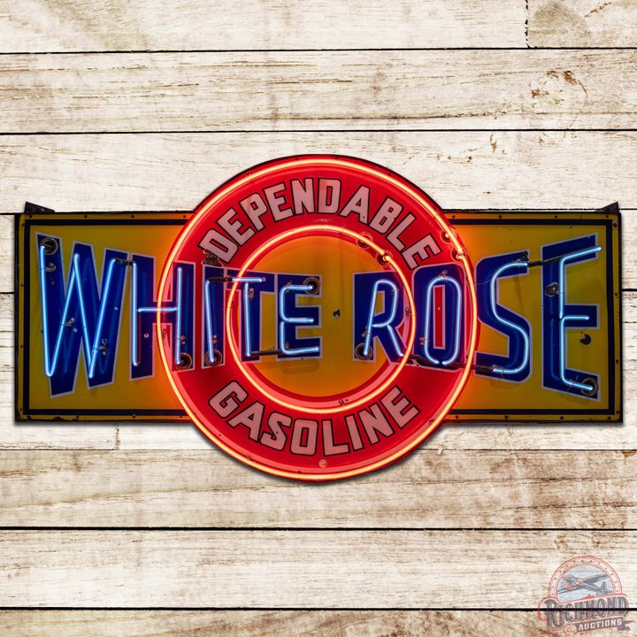 Scarce White Rose Dependable Gasoline 6' DS Porcelain Neon Sign