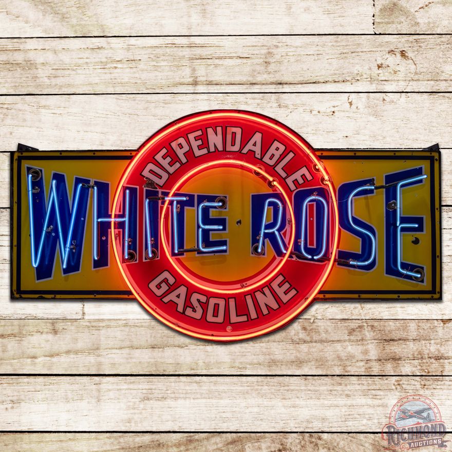 Scarce White Rose Dependable Gasoline 6' DS Porcelain Neon Sign