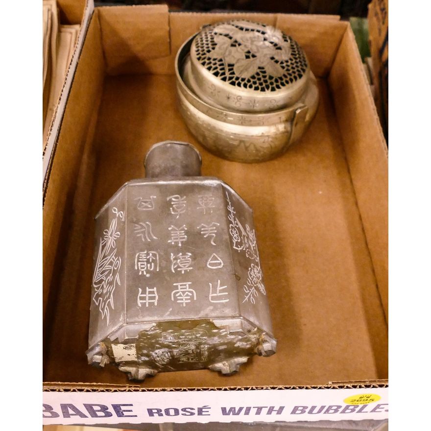 Box Old Chinese Pewter Handwarmer & Tea Jar