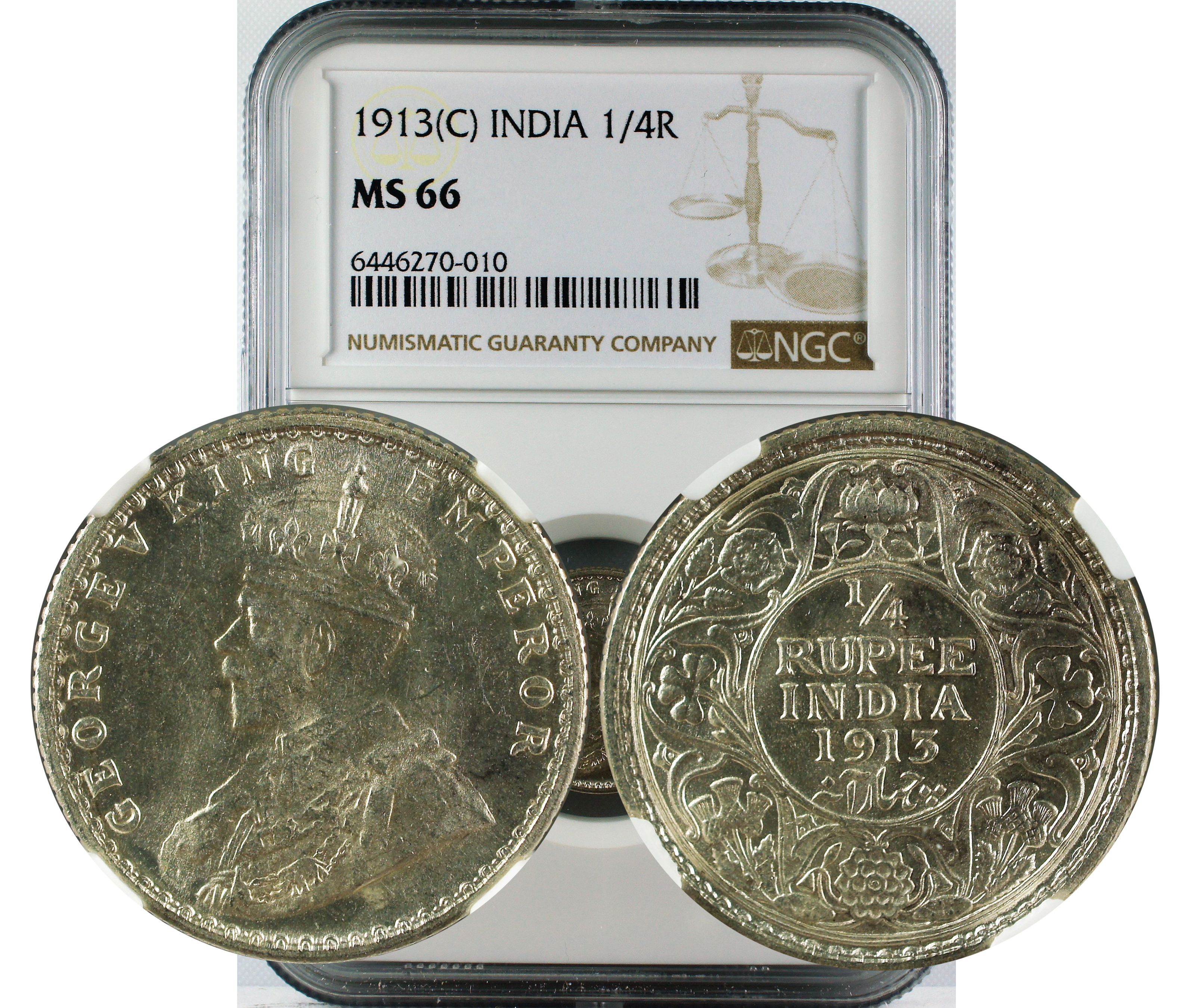 1913 C INDIA 1/4 RUPEE MS66