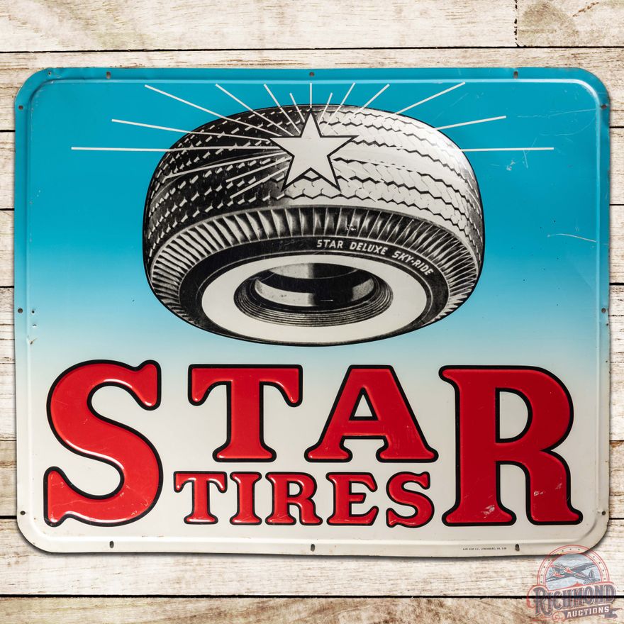 1956 Star Tires Heavily Embossed SS Tin Sign w/ Sky-Ride Tire