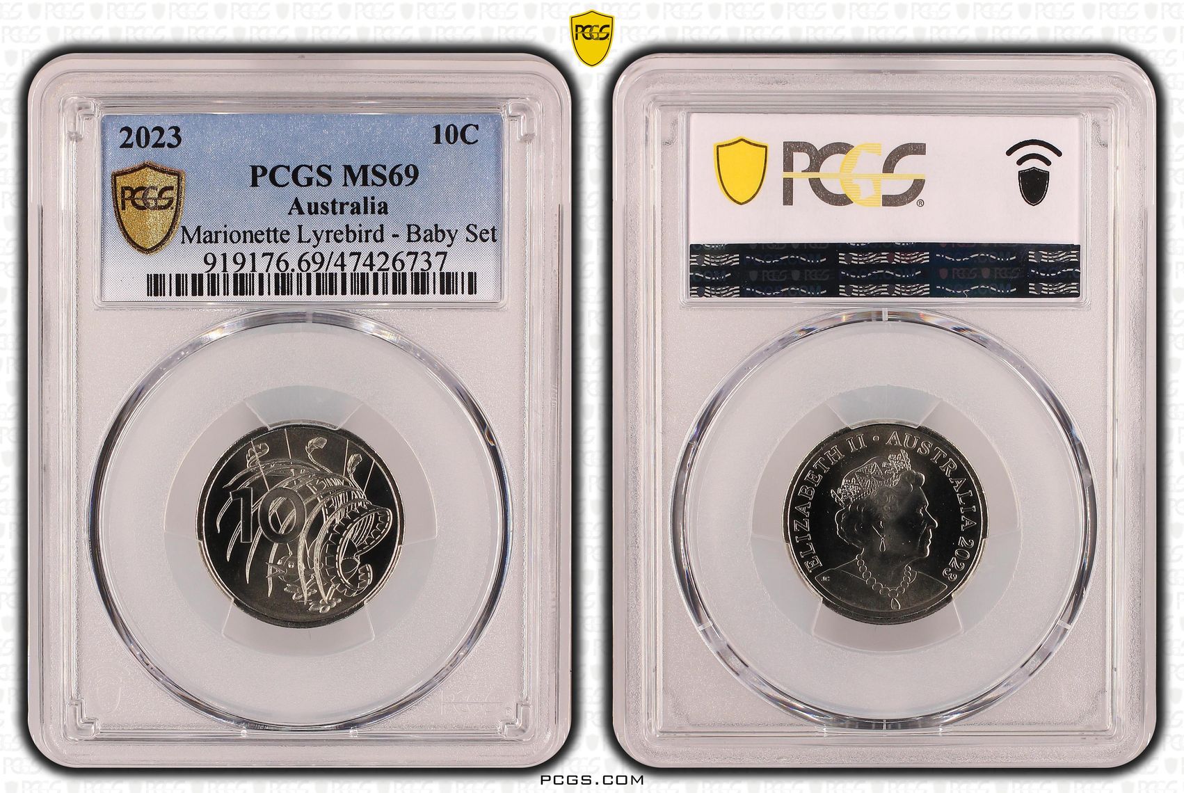 Elizabeth II, Marionette Lyrebird - Baby Set, Ten Cent, 2023, PCGS MS69