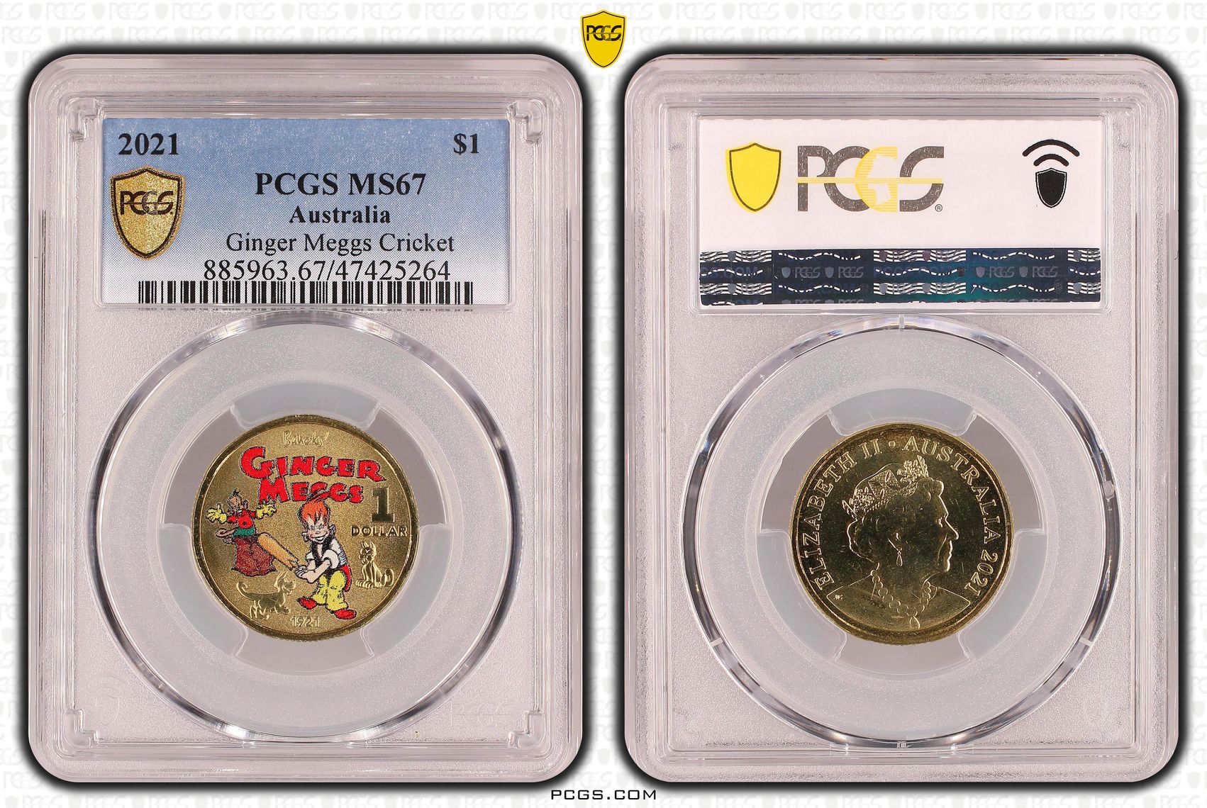 Elizabeth II, Ginger Meggs Cricket, One Dollar, 2021, PCGS MS67