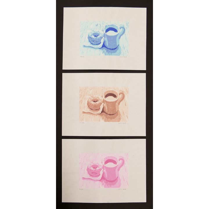 Krista Schoening Trio of Coffee & Donut Reduction Prints, 2017