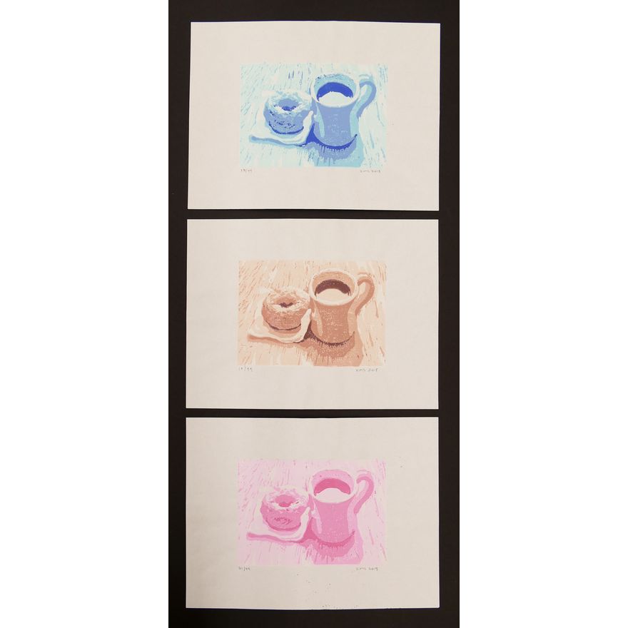 Krista Schoening Trio of Coffee & Donut Reduction Prints, 2017