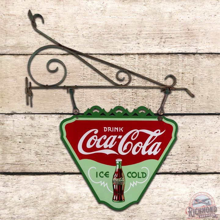 Outstanding 1934 Drink Coca-Cola "Ice Cold" Die Cut Double Sided Porcelain Sign w/ Bracket