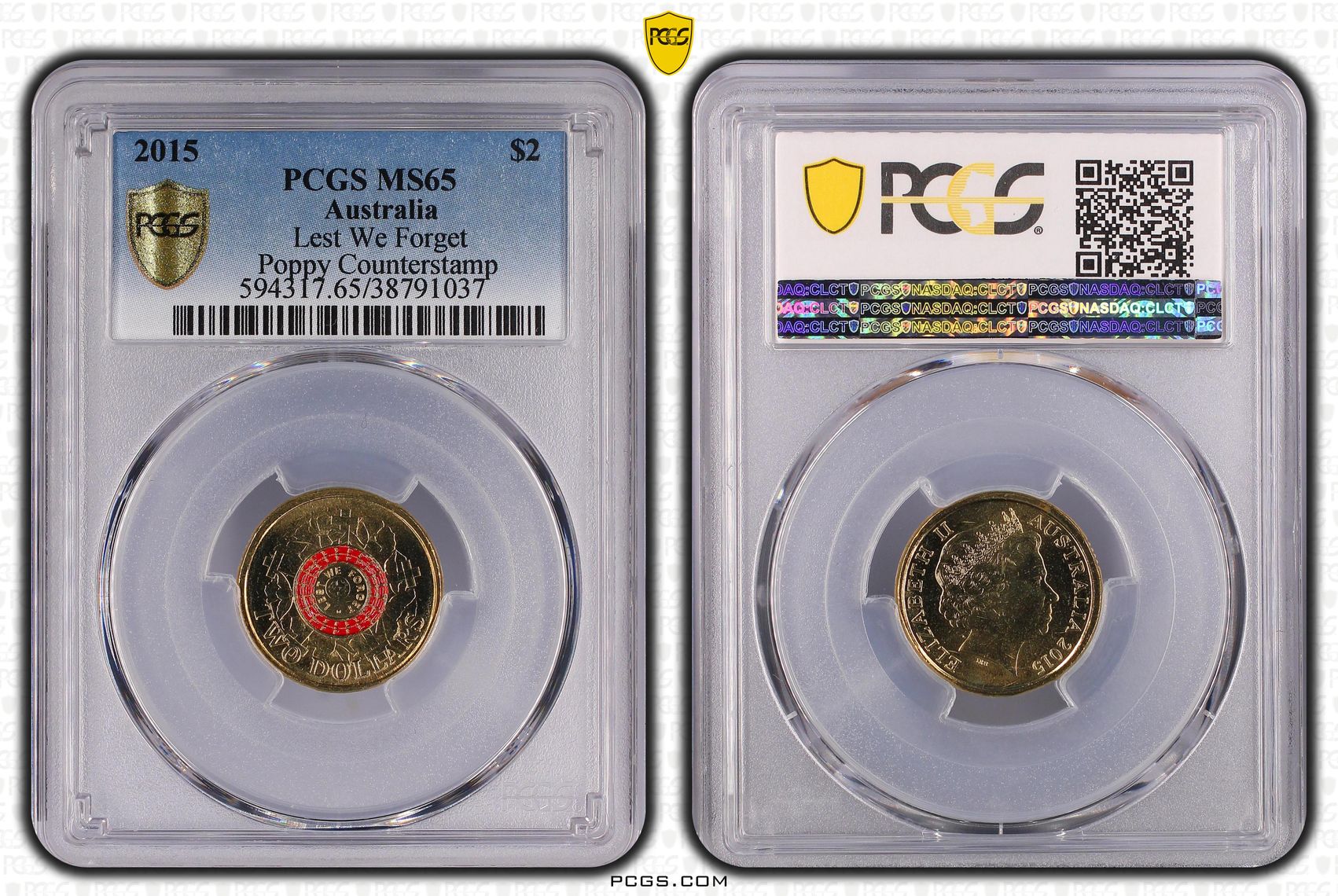 2015 Australian Two Dollar, $2 Lest We Forget Poppy counterstamp PCGS - MS65 -037