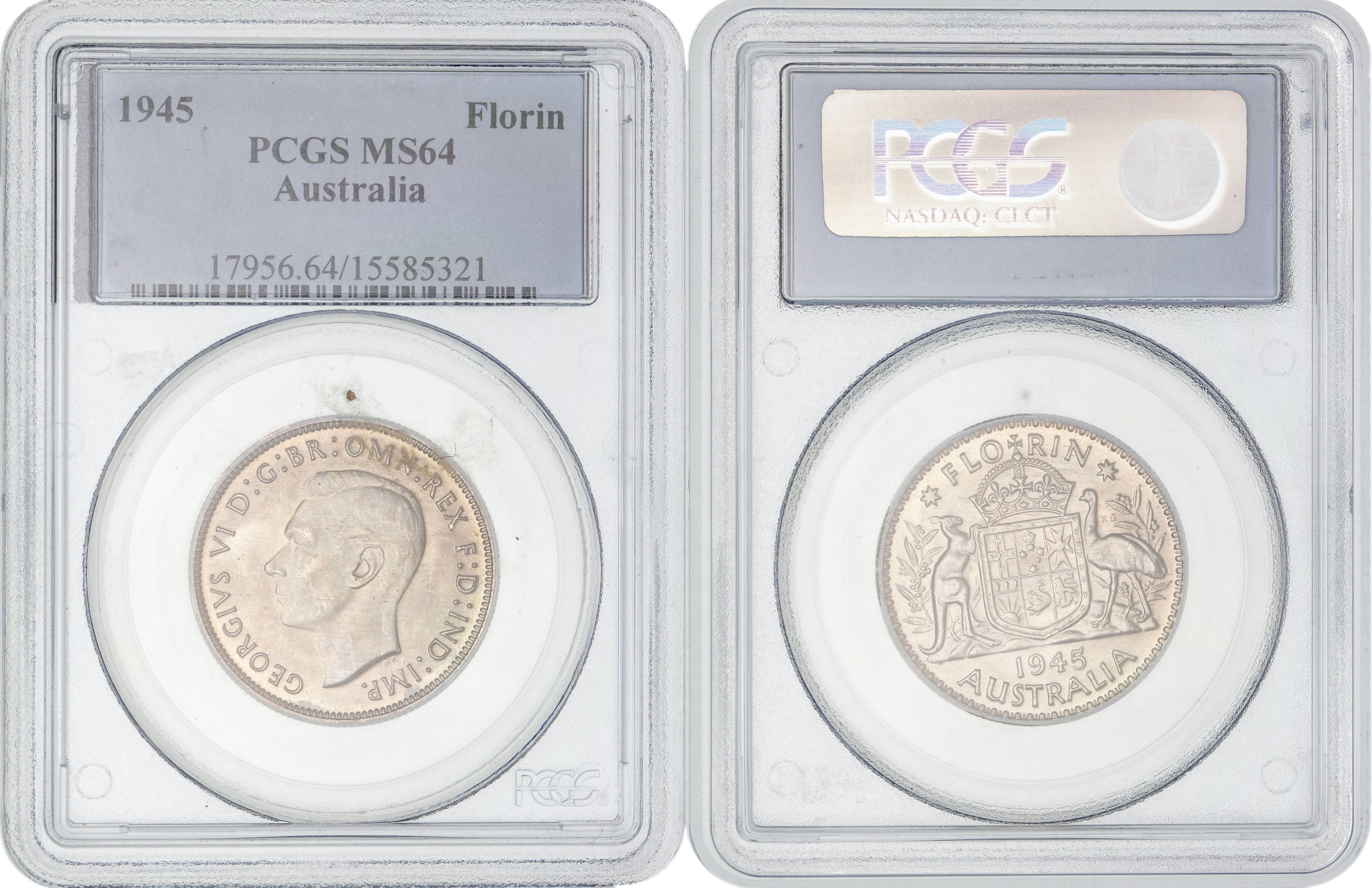 George VI, Florin, 1945, PCGS MS64