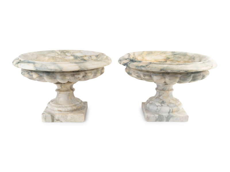 A Pair of Italian Variagated Marble Campana-form Urns
Height 9 x diameter 14 inches.