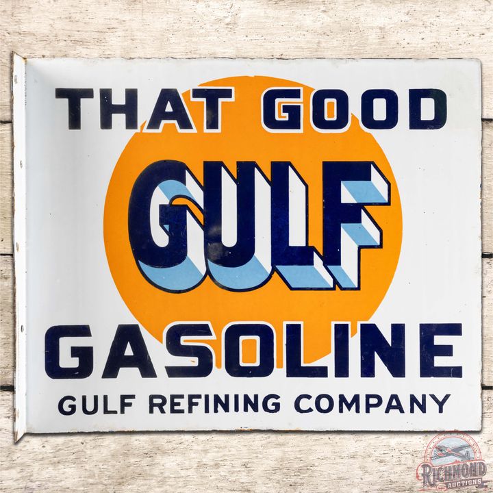 That Good Gulf Gasoline DS Porcelain Flange Sign w/ Logo