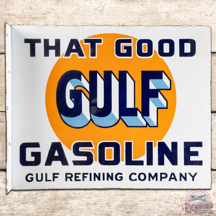That Good Gulf Gasoline DS Porcelain Flange Sign w/ Logo