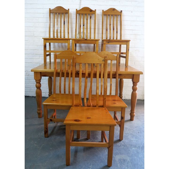 PINE DINING TABLE AND 6 CHAIRS,