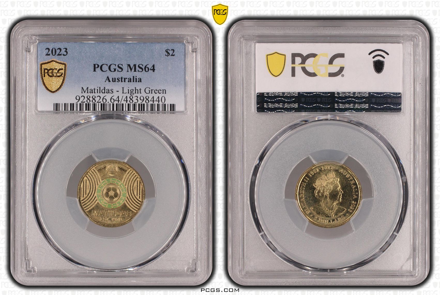 Elizabeth II, Matildas - Light Green Colorized , Two Dollar, 2023, PCGS MS64