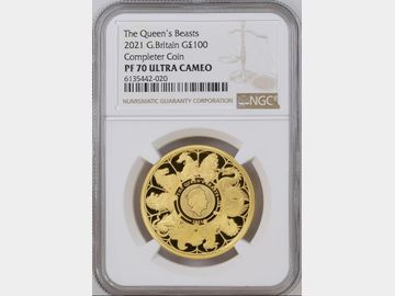 2021 ELIZABETH II QUEENS BEASTS 1oz PROOF GOLD £100 COMPLETER COIN PF70 UCAM TOP POP!