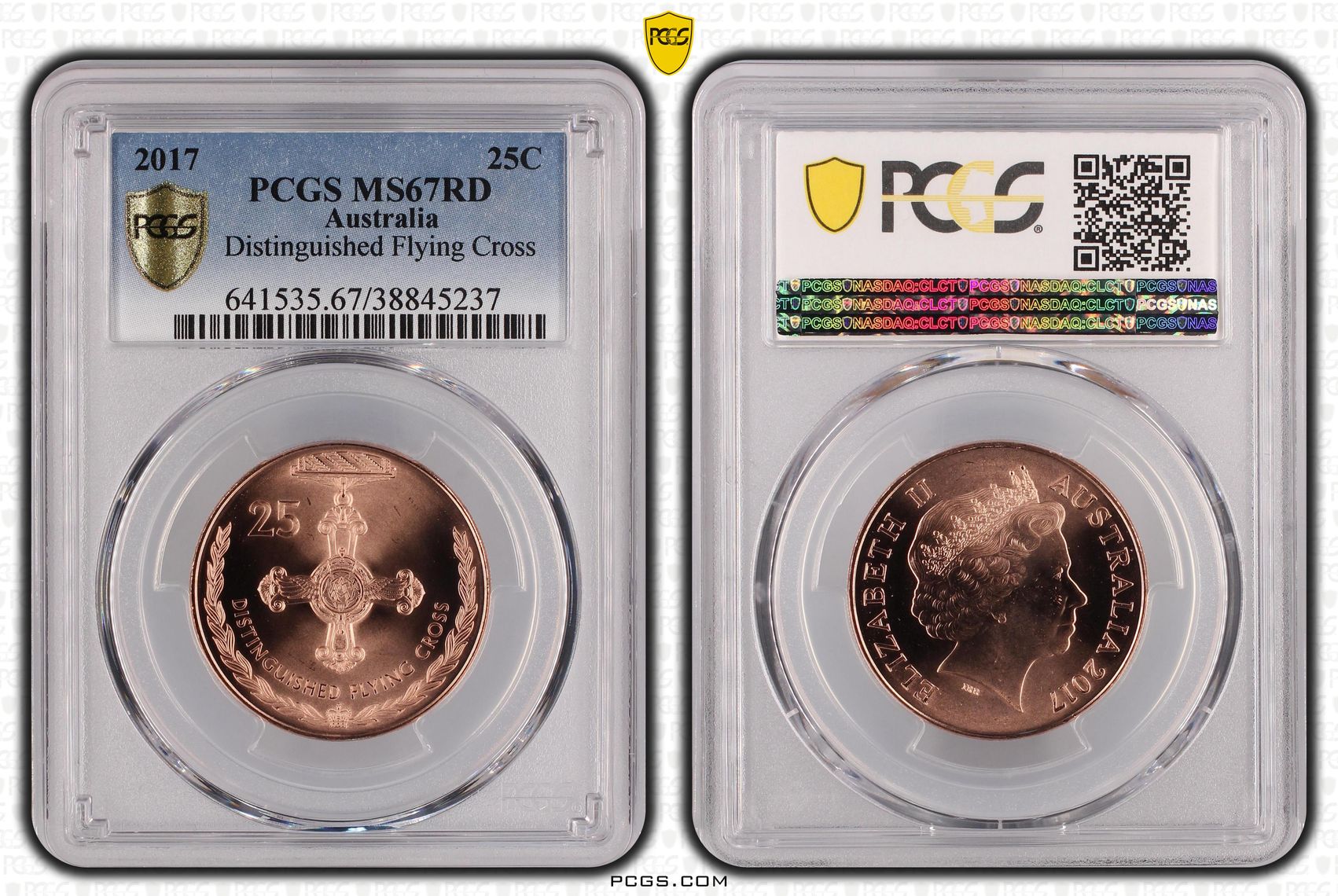 2017 Australia Twenty Five Cent, 25c Distinguished Flying Cross PCGS - MS67RD POP 2/0 -237