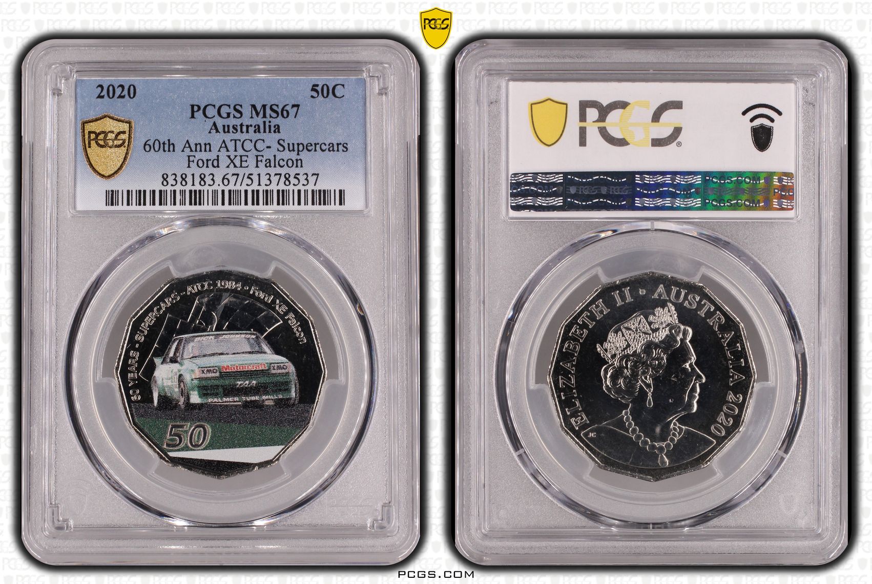 60th Ann ATCC- Supercars Ford XE Falcon Colorized, Fifty Cent, 2020, PCGS MS67
