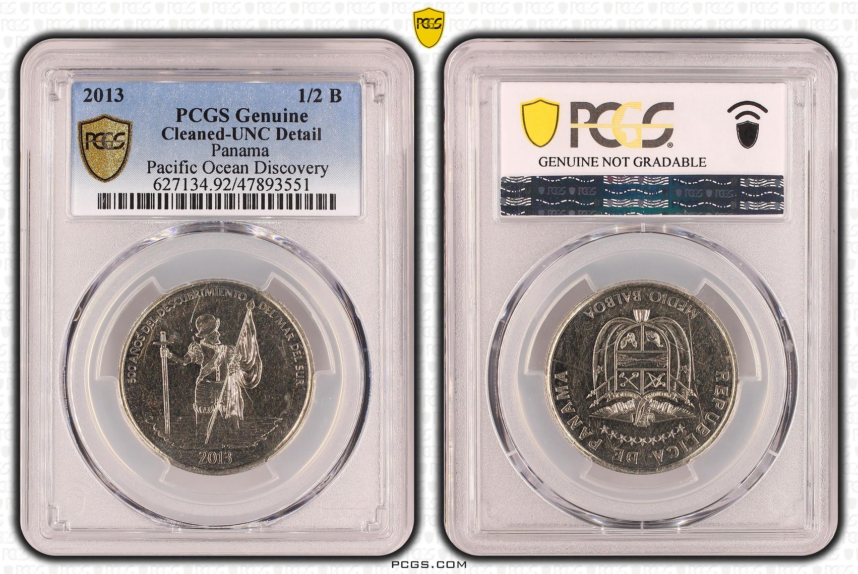Panama, Pacific Ocean Discovery, Half Balboa, 2013, PCGS Genuine - UNC Details (92 - Cleaned)