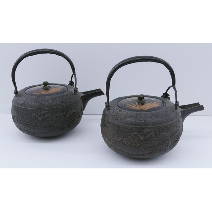 Pair Japanese Meiji Iron Choshi Sake Kettles