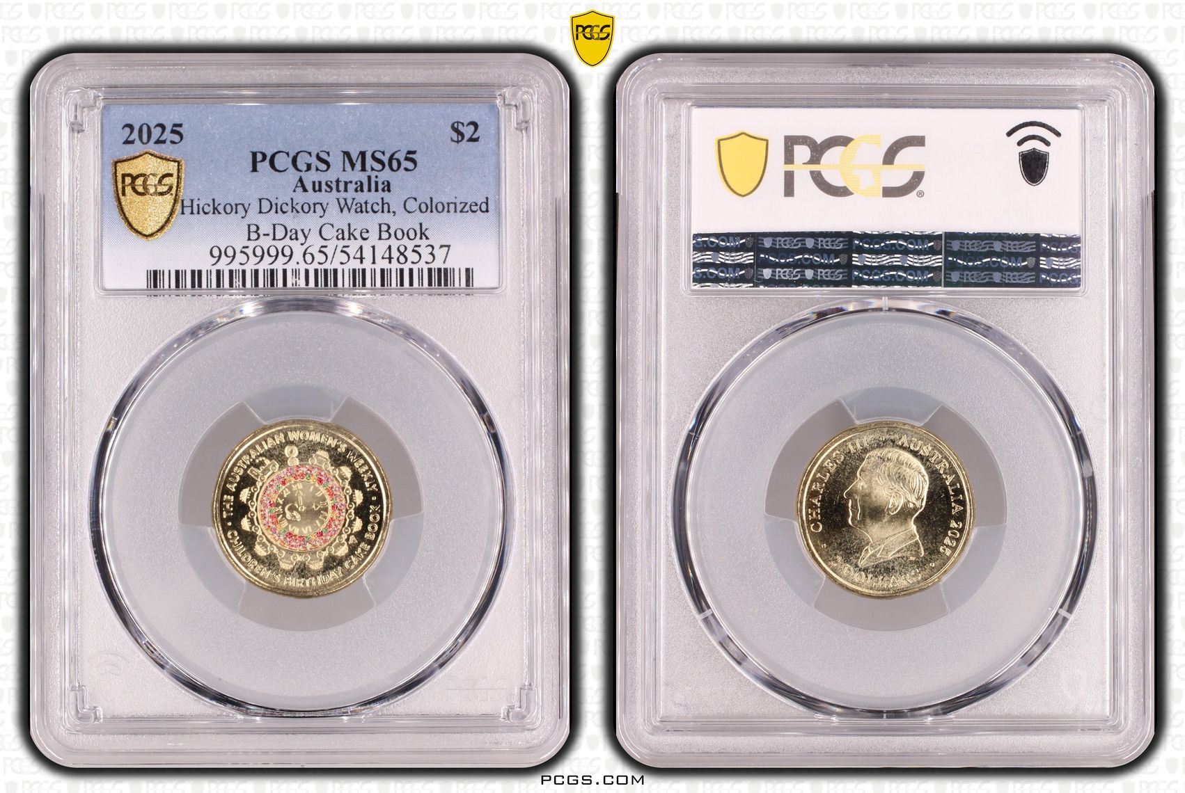 Hickory Dickory Watch, Colourised B-Day Cake Book, Two Dollar, 2025, PCGS MS65