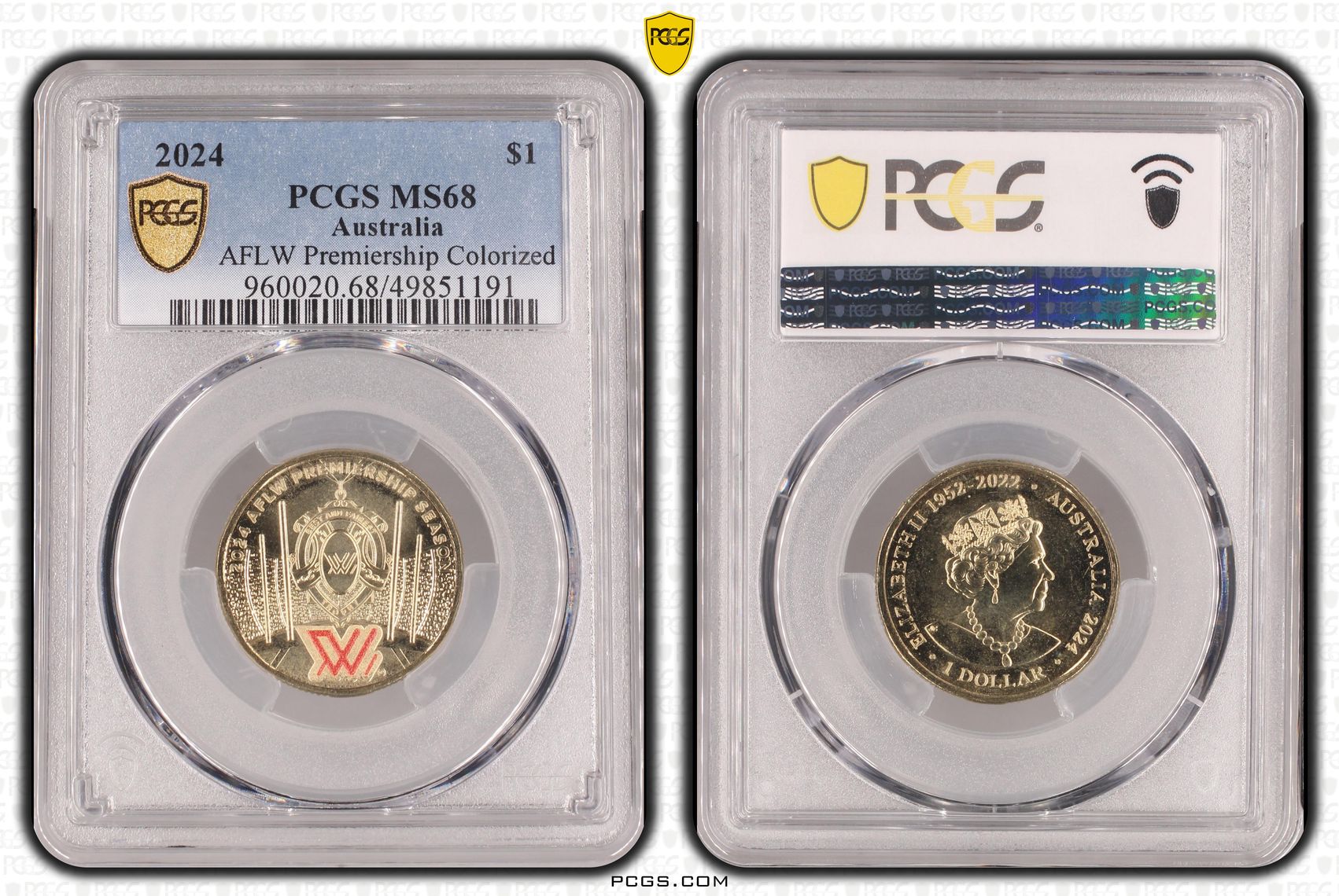 AFLW Premiership Colorized POP 3/0, One Dollar, 2024, PCGS MS68