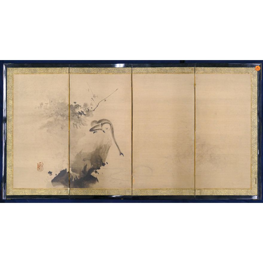 Old Japanese Monkey Painted 4-Panel Small Screen 20''x38''