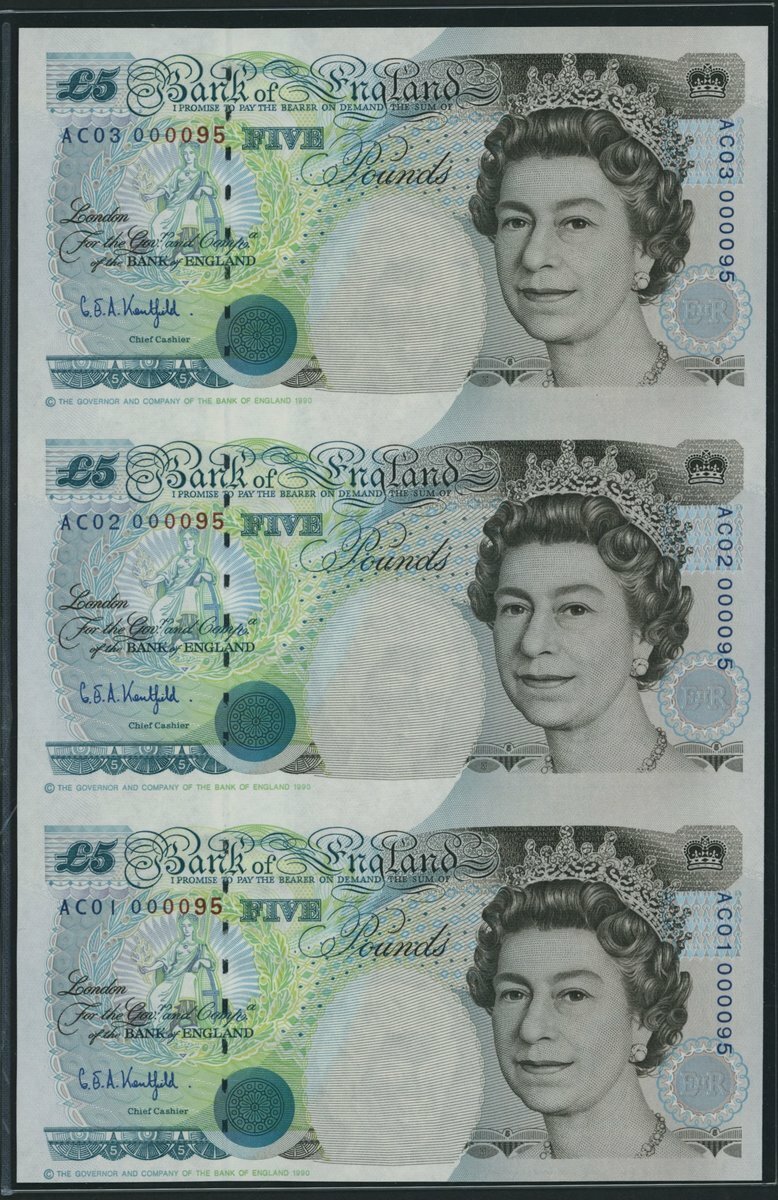 Bank of England, G. E. A. Kentfield, [3 notes] First Sheetlet uncut £5 ...