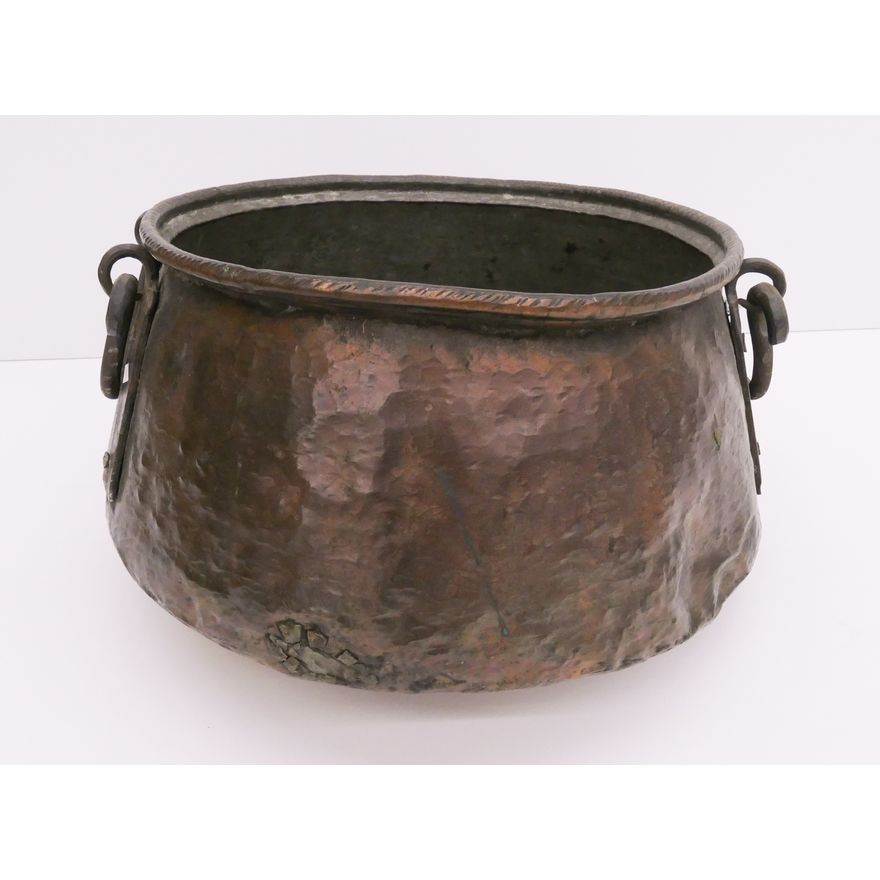 Large Antique Copper Cauldron with Wrought Iron Handles- 18" diameter 10" tall