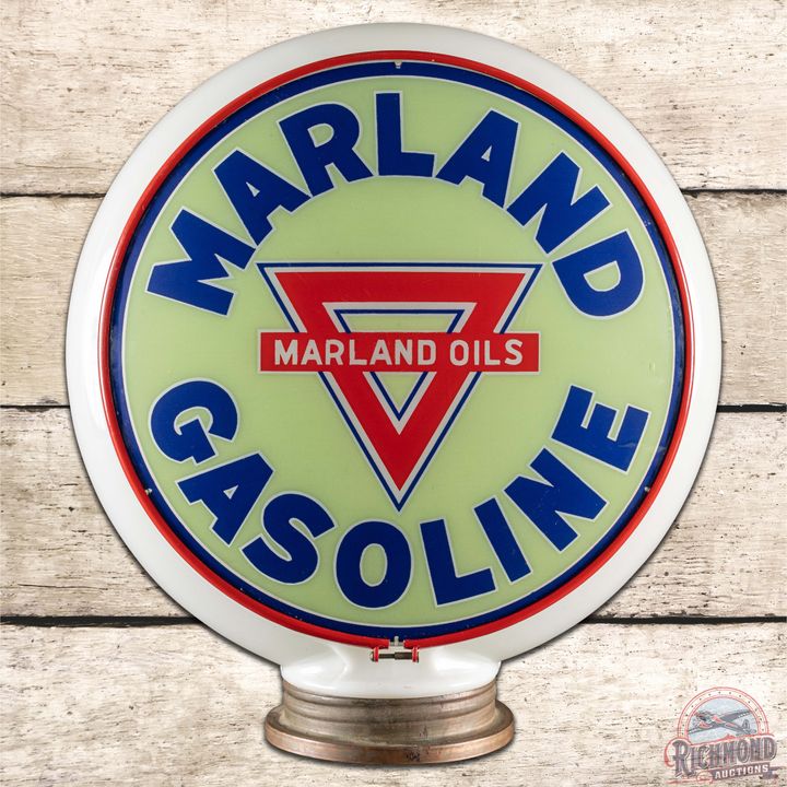 Fantastic Marland Oils Gasoline 13.5" Complete Gill Milk Glass Gas Pump Globe
