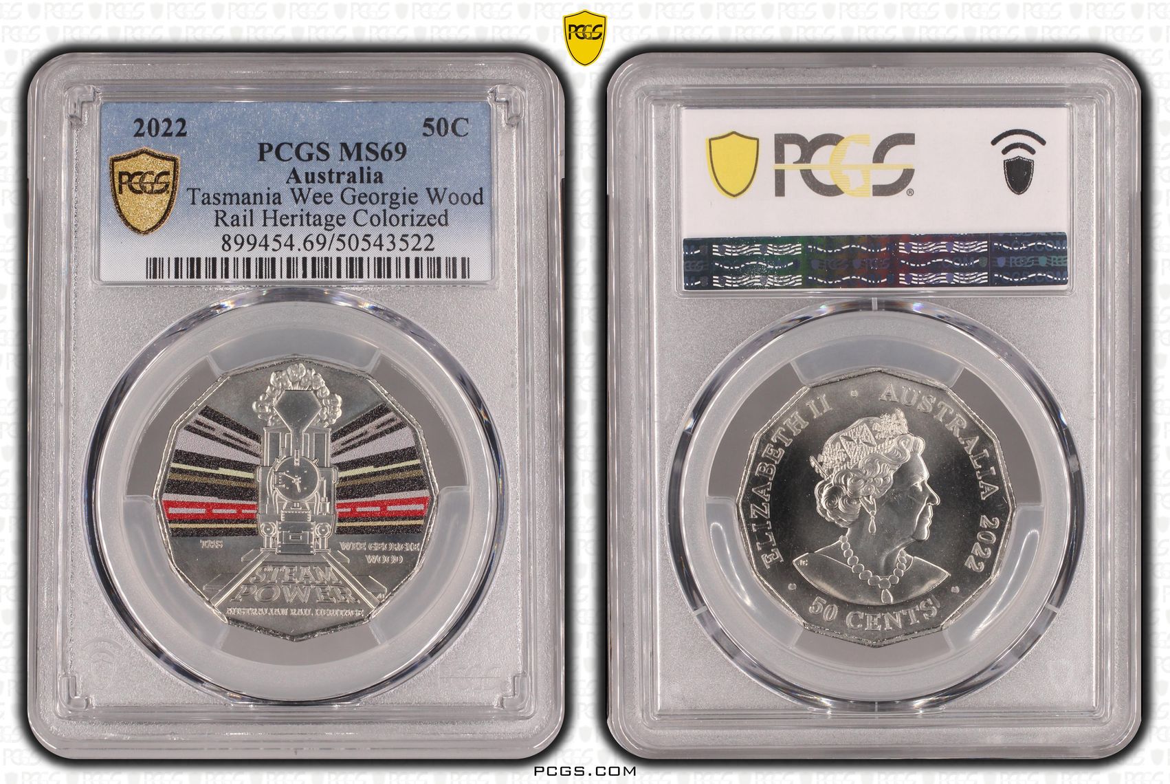Tasmania Wee Georgie Wood - Rail Heritage Colorized, Fifty Cent, 2022, PCGS MS69