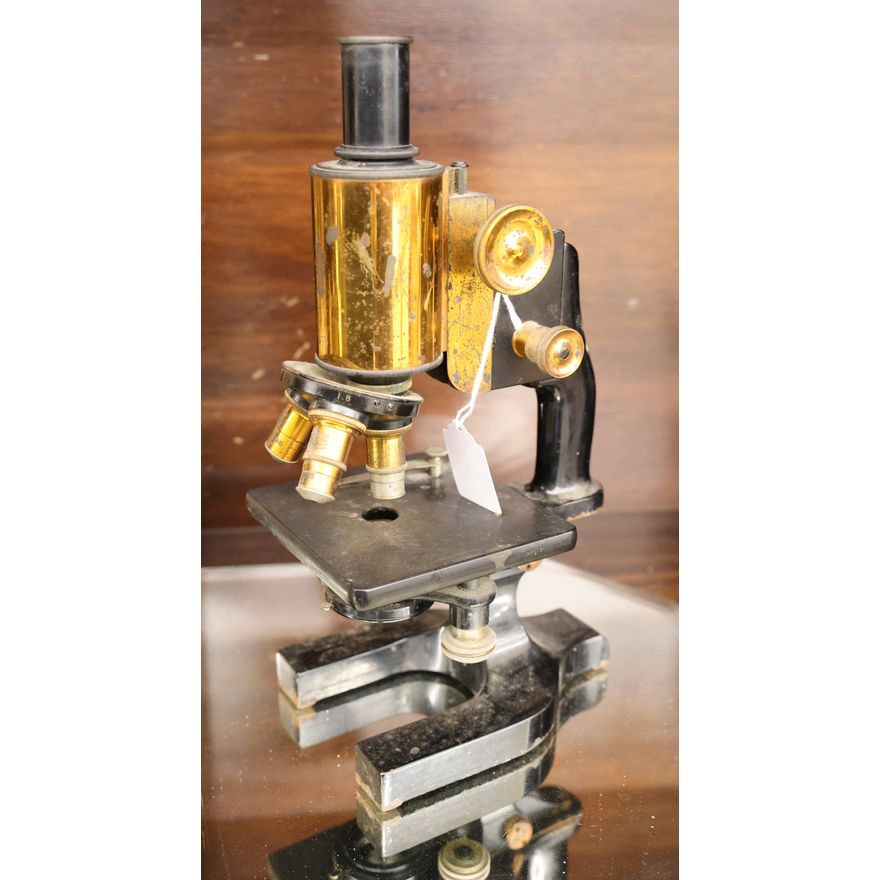 Antique Spencer Iron and Shiny Brass Microscope 12''