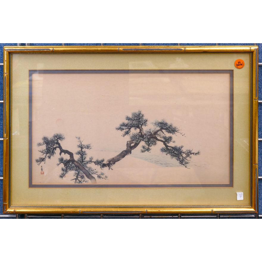 Vintage Japanese Elm Trees Lithograph Framed 19''x12.5''