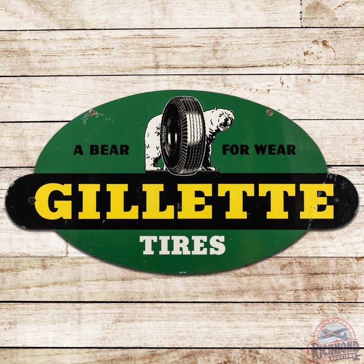 1954 Gillette Tires a Bear for Bear Die Cut DS Tin Sign w/ Bear Logo