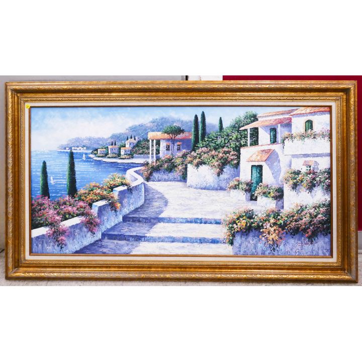 Large French Riviera Oil Painting Signed Dante- 32x56''