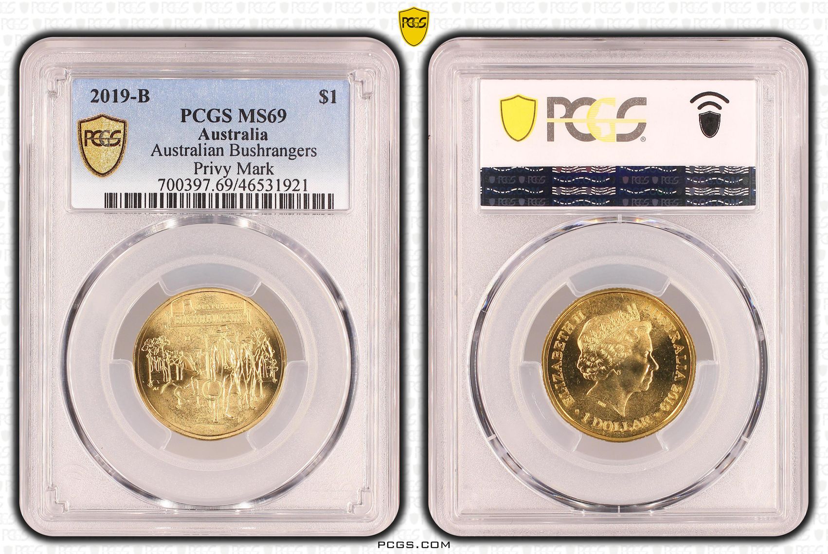 Australian Bushrangers Privy Mark, POP 9/0, One Dollar, 2019-B, PCGS MS69