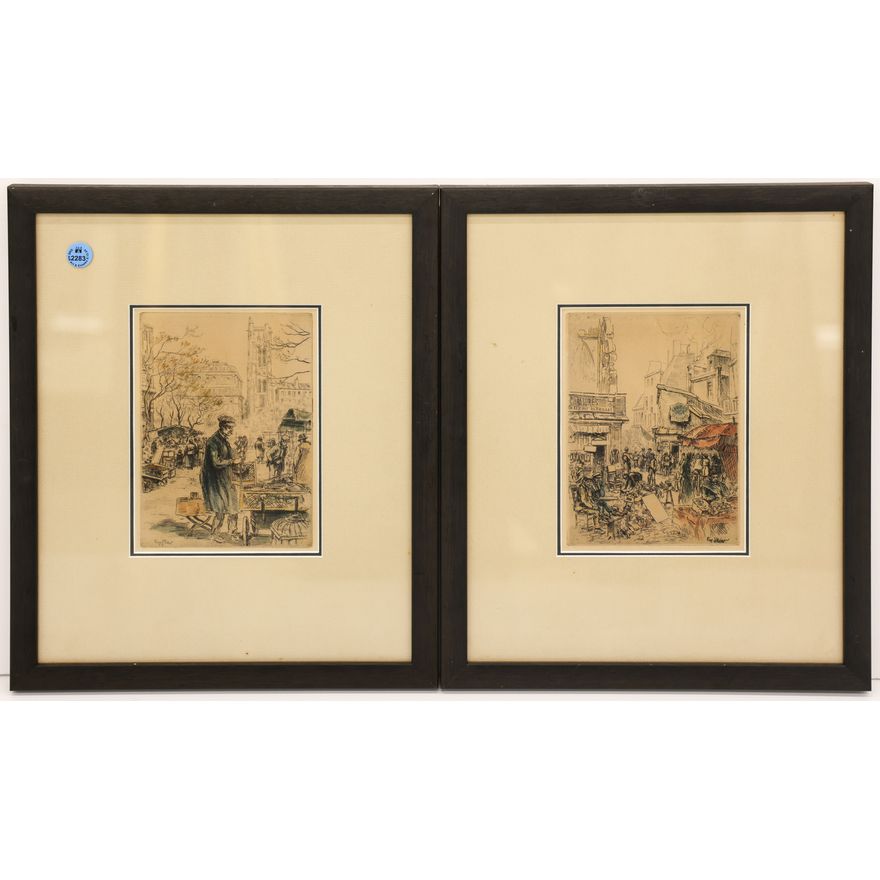 Pair Eugene Vetter French Tinted Etchings Framed 15''x12.5''