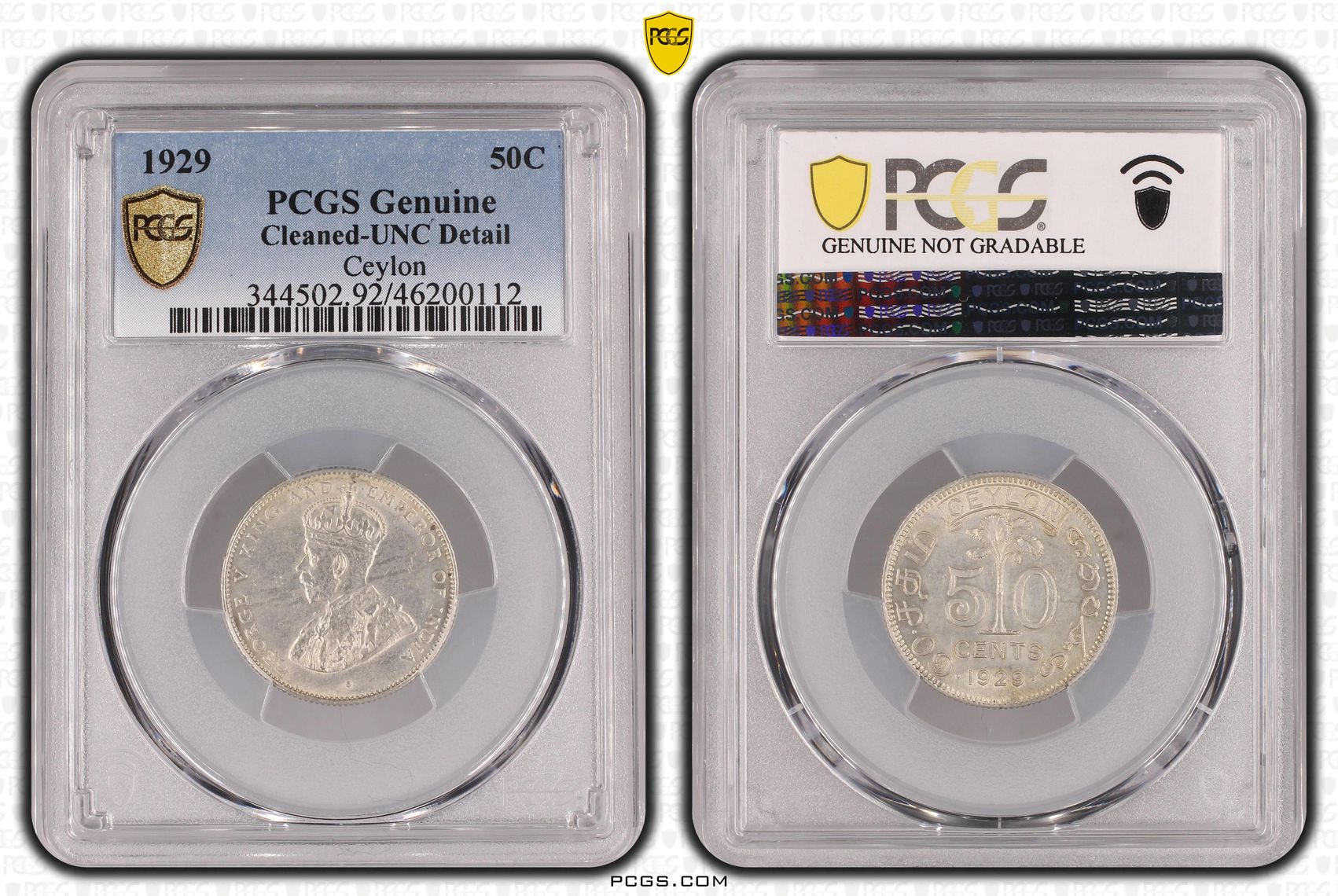Ceylon, Fifty Cent, 1929, PCGS Genuine - UNC Details (92 - Cleaned)