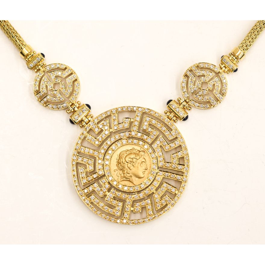 Designer 18k Diamond Greek Coin Pendant Necklace