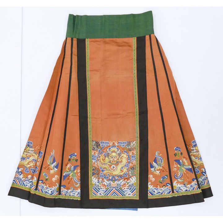Chinese Qing Red Imperial Dragon Silk Skirt