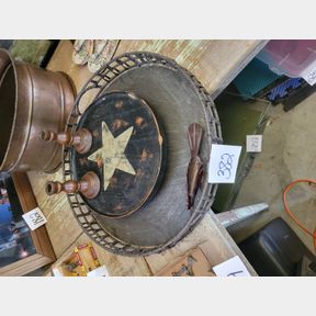 Large round metal serving tray, Lazy Susan and candle stick