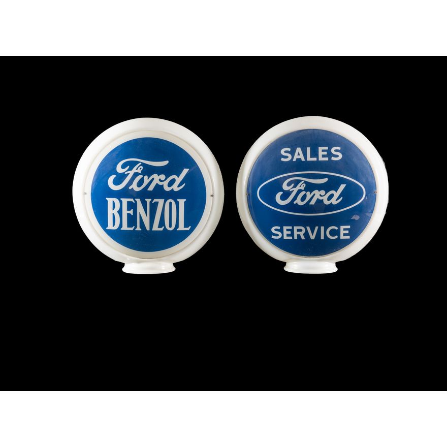 Two 13.5" Reproduction Ford Sales Service Benzol Gas Globe.