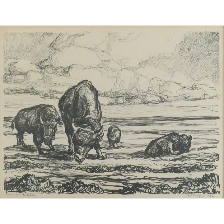 Josie Eresch ''Prairie and Buffalo'' 1932 Signed Lithograph Matted 16''x19''