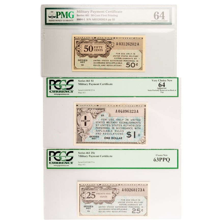 United States, Military Payment Certificate - Series 461, Twenty-Five Cents - One Dollar, 1946 - 1947, PCGS 63PPQ - 64 Choice