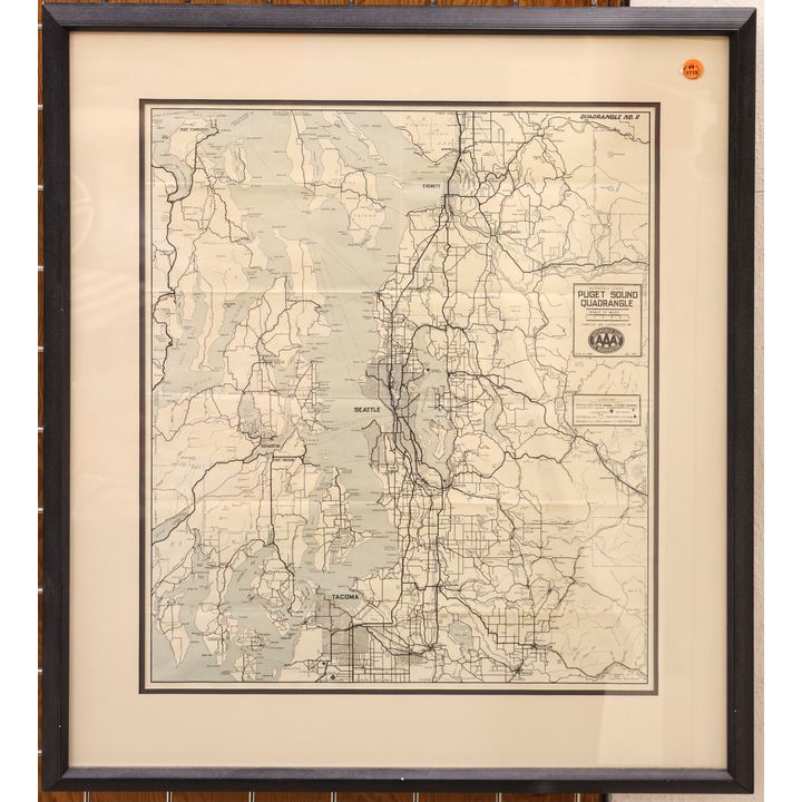 Antique Puget Sound AAA Map Framed 29''x26''