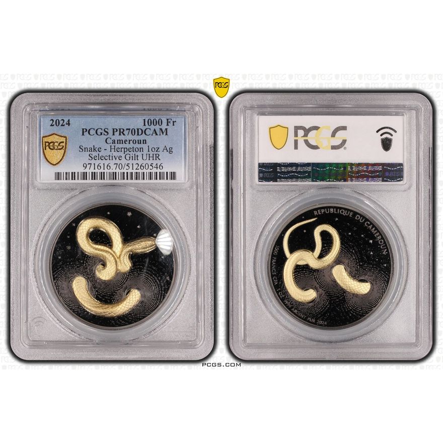 Cameroun, Snake - Herpeton 1oz Ag - Selective Gilt UHR, POP 1/0, One Thousand Francs, 2024, PCGS PR70DCAM