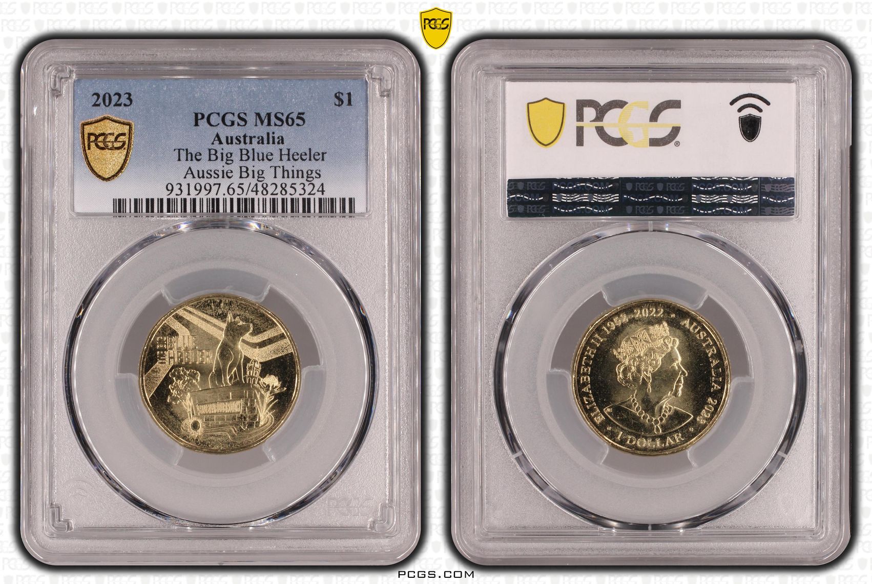 317 · Elizabeth II, The Big Blue Heeler Aussie Big Things , One Dollar, 2023, PCGS MS65
