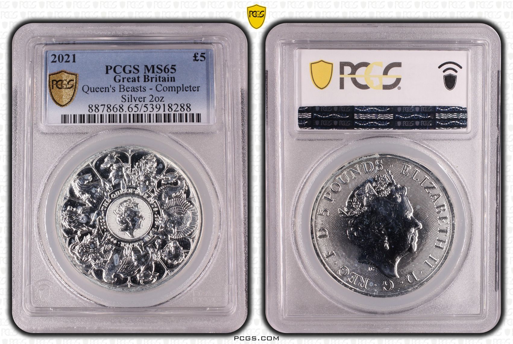434 · Great Britain, Queen's Beasts - Completer Silver 2oz, Five Pound, 2021,  MS65