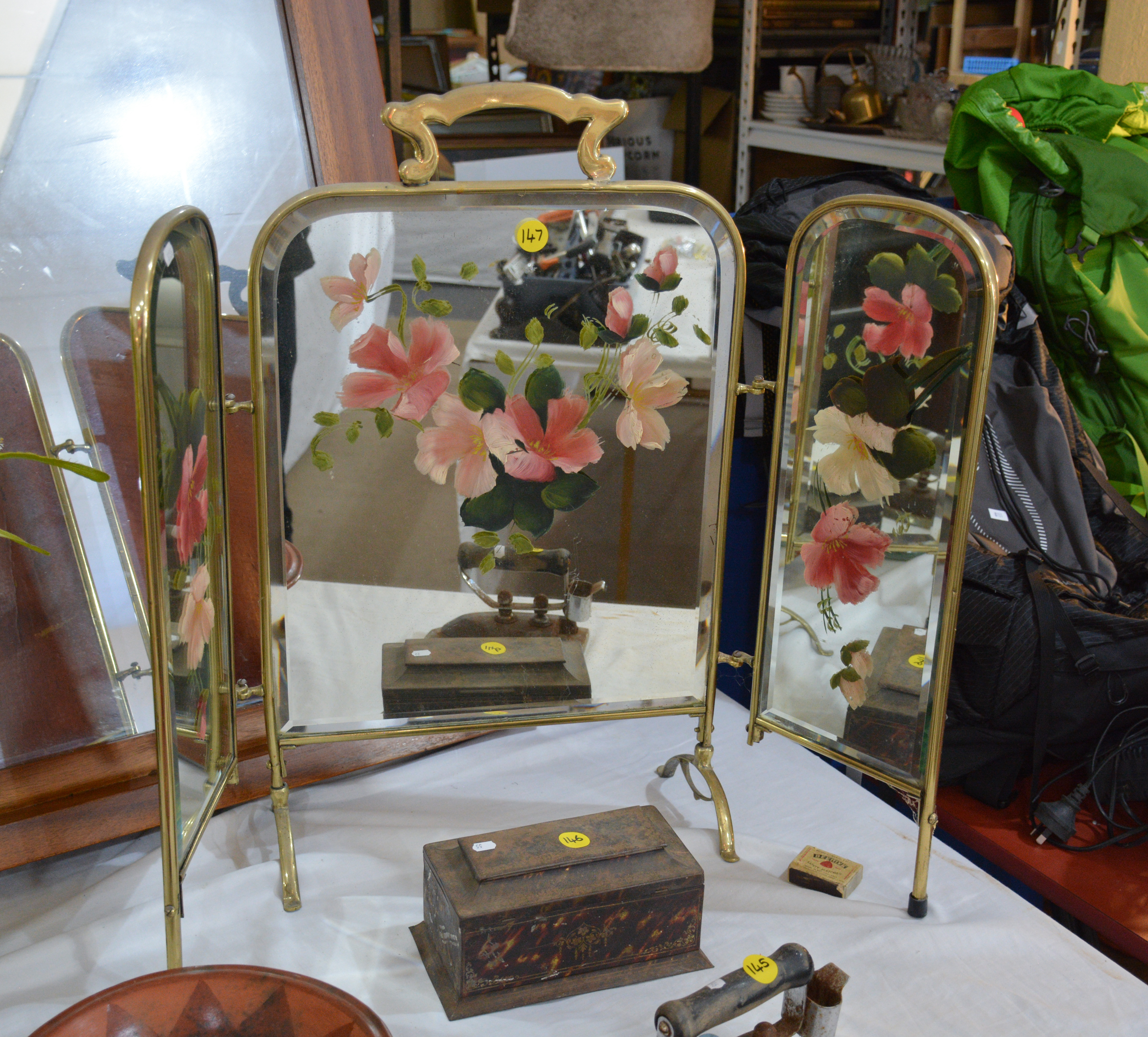 Hand Painted Brass + Bevelled Glass Folding Mirror — sold at auction in New Zealand for $45