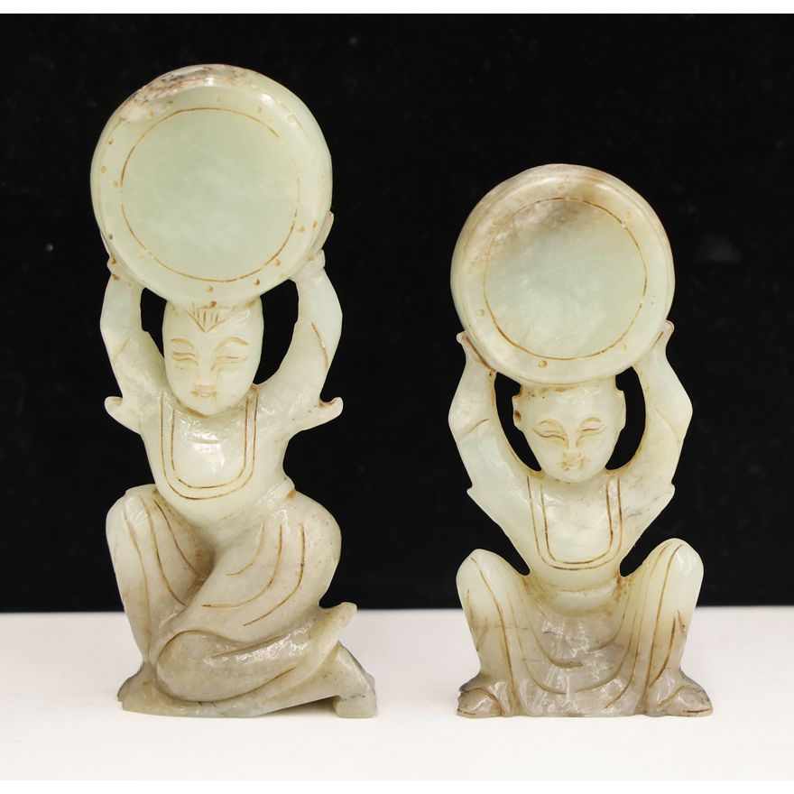 2pc Chinese Jade Women with Drums